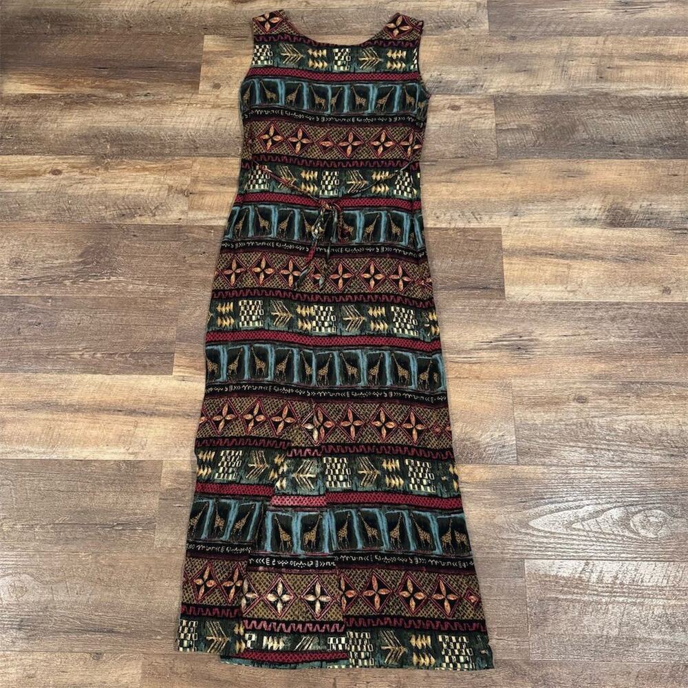 VTG 90s Just in Thyme Sleeveless Midi Shift Dress 8 Tie Back Safari Giraffe Boho - Picture 2 of 7